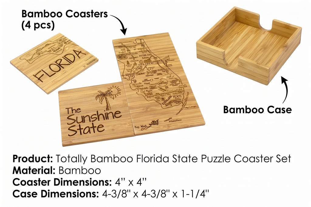 Totally Bamboo Florida State Puzzle 4 Piece Bamboo Coaster Set with Case