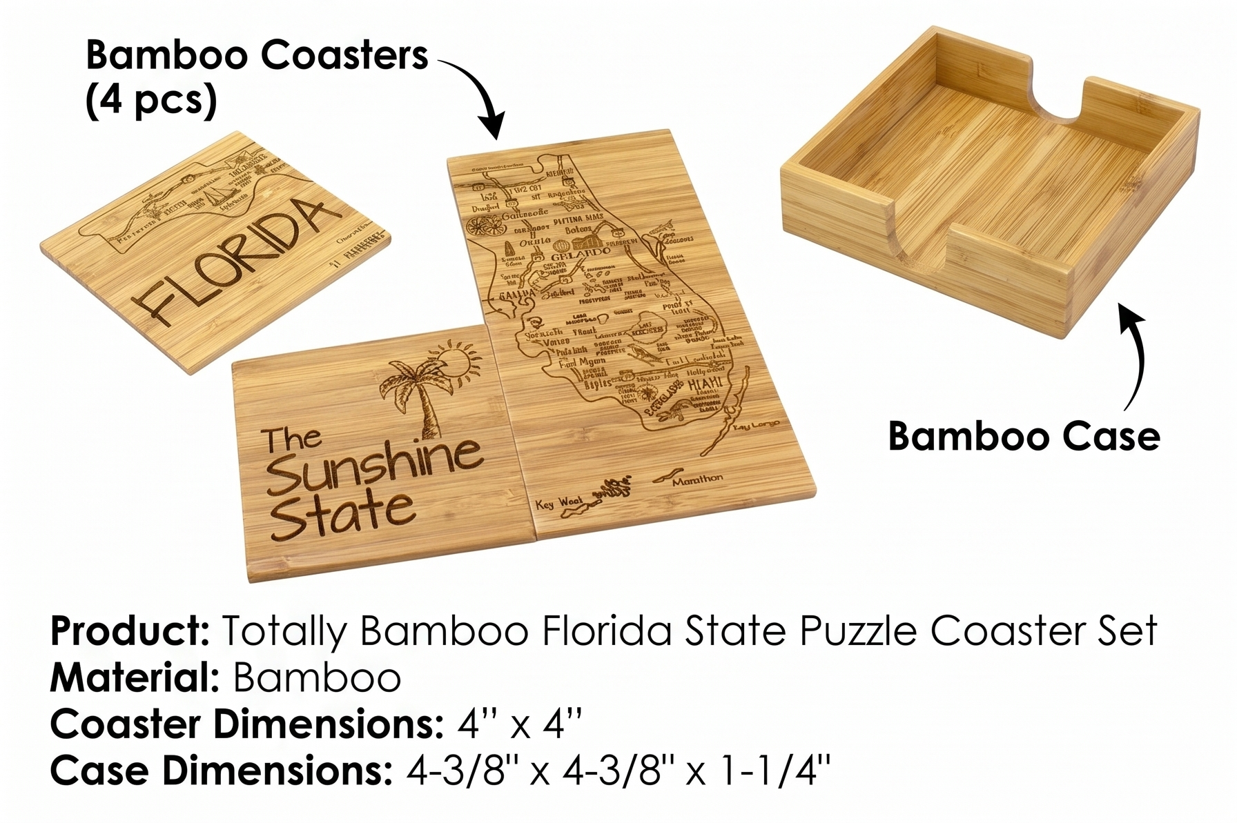 Totally Bamboo Florida State Puzzle 4 Piece Bamboo Coaster Set with Case
