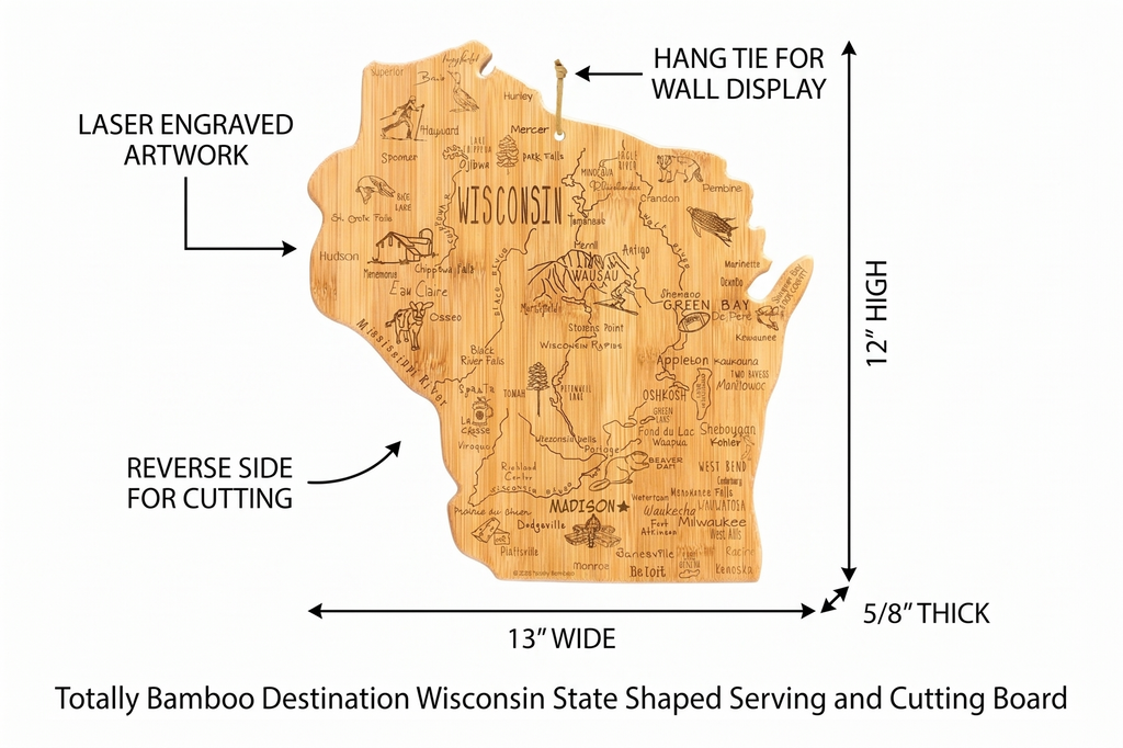 Totally Bamboo Destination Wisconsin State Shaped Serving and Cutting Board, Includes Hang Tie for Wall Display