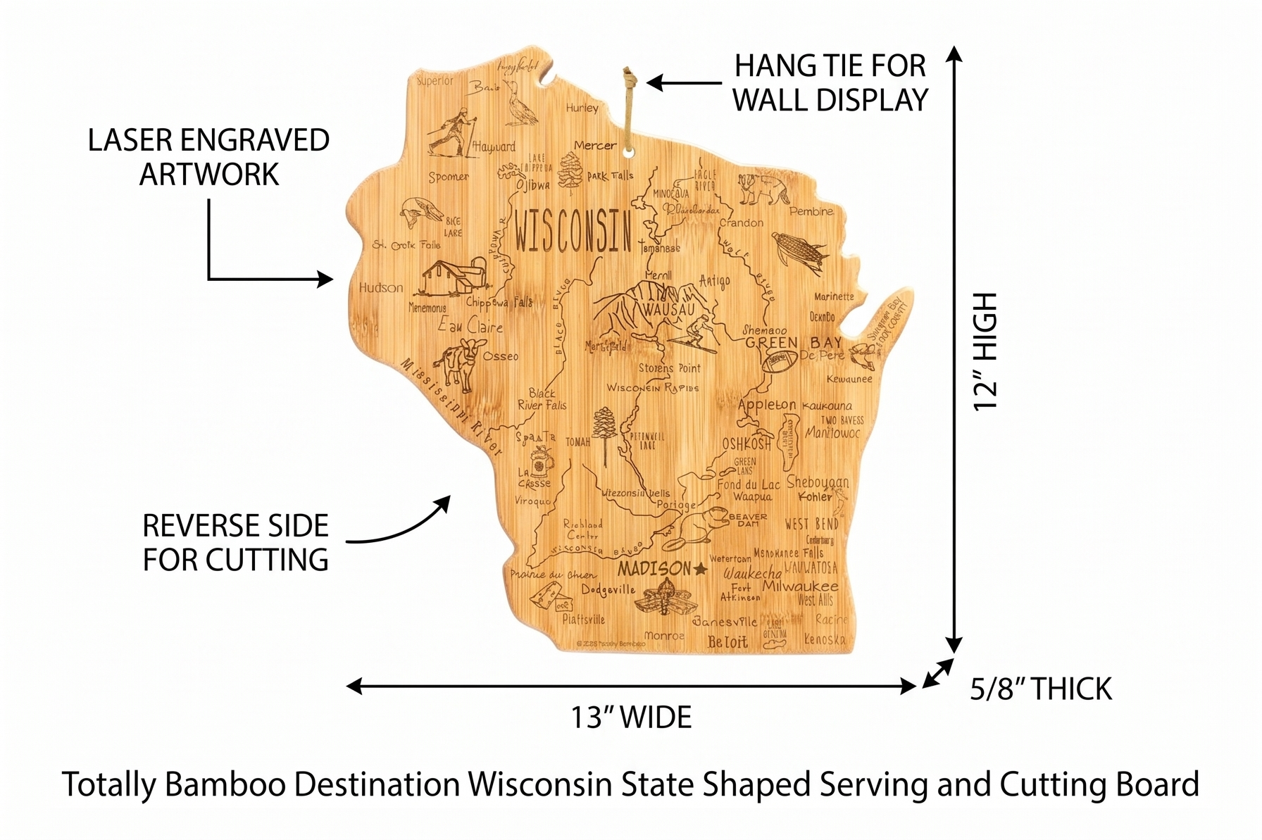 Totally Bamboo Destination Wisconsin State Shaped Serving and Cutting Board, Includes Hang Tie for Wall Display