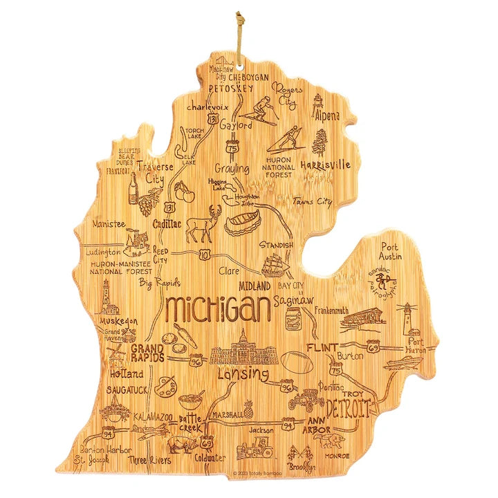 Totally Bamboo Destination Michigan Mitten Shaped Cutting Board – Bamboo Charcuterie and Serving Board with Hang Tie for Wall Display