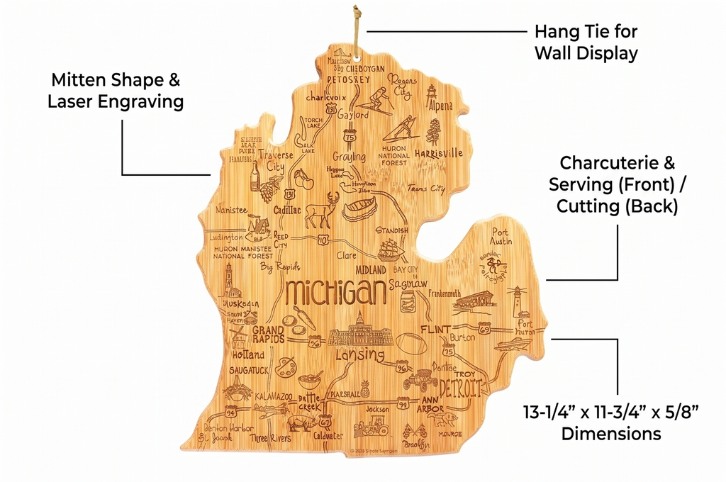 Totally Bamboo Destination Michigan Mitten Shaped Cutting Board – Bamboo Charcuterie and Serving Board with Hang Tie for Wall Display