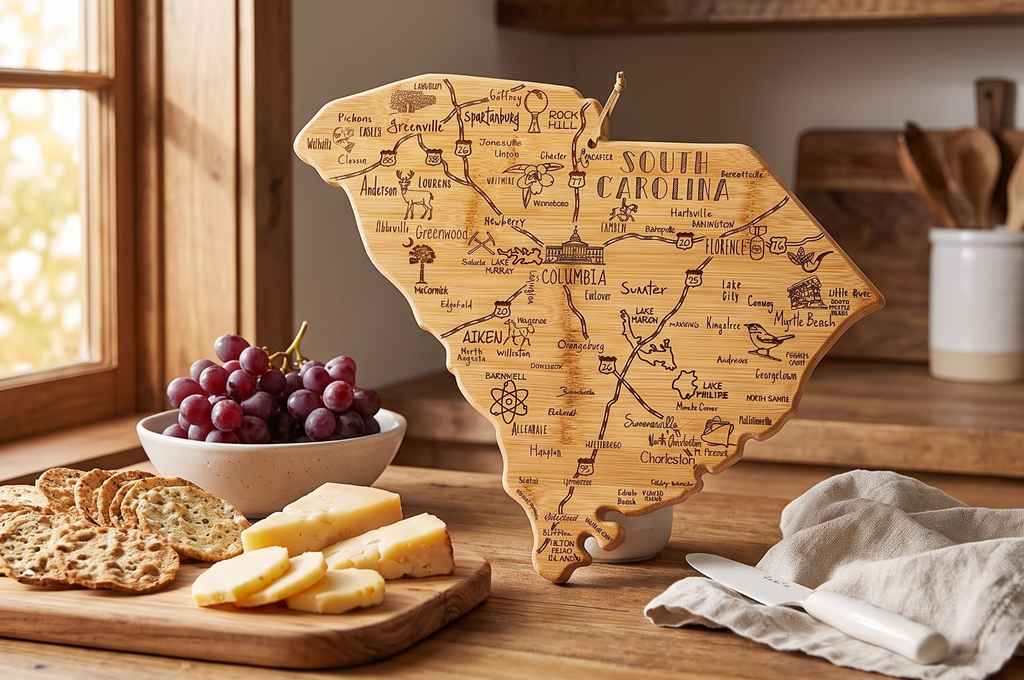 Totally Bamboo Destination South Carolina Shaped Cutting Board – Bamboo Charcuterie and Serving Board with Hang Tie for Wall Display