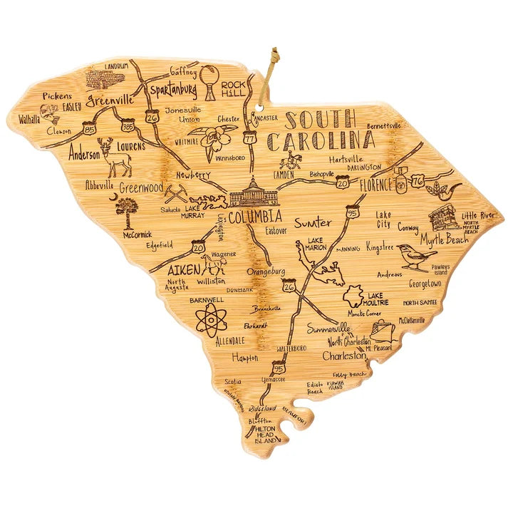 Totally Bamboo Destination South Carolina Shaped Cutting Board – Bamboo Charcuterie and Serving Board with Hang Tie for Wall Display