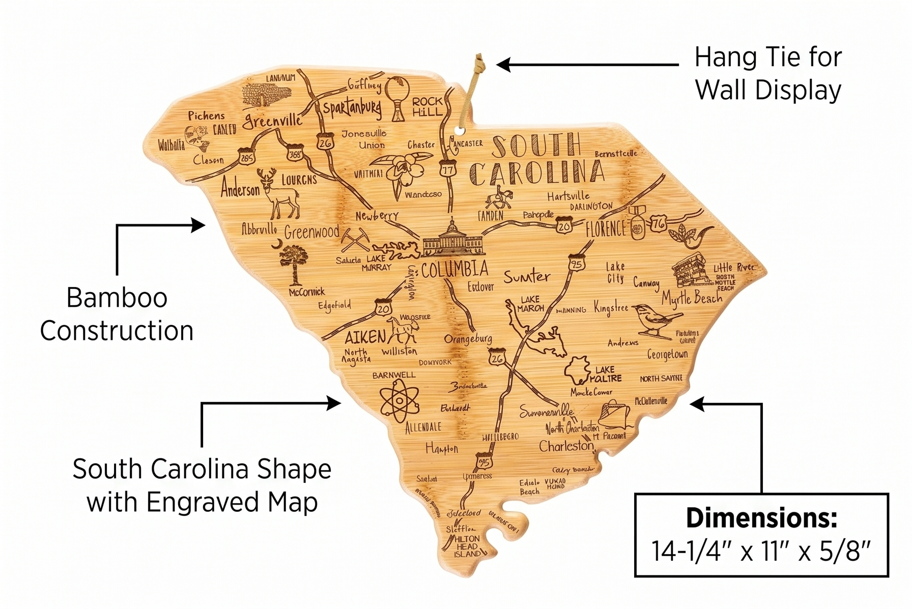Totally Bamboo Destination South Carolina Shaped Cutting Board – Bamboo Charcuterie and Serving Board with Hang Tie for Wall Display