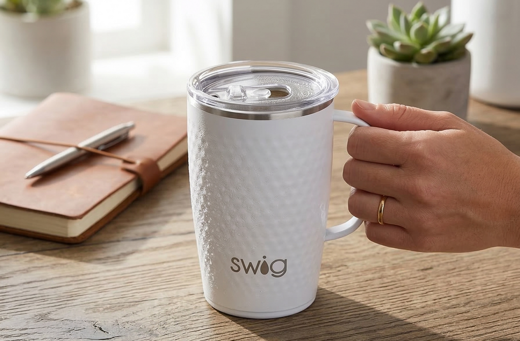 Swig Life 18oz Travel Mug, Insulated Tumbler with Handle and Lid, Cup Holder Friendly, Dishwasher Safe, Stainless Steel, Travel Coffee Cup (Golf Ball)