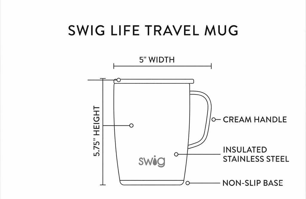 Swig Life 18oz Travel Mug, Insulated Tumbler with Handle and Lid, Cup Holder Friendly, Dishwasher Safe, Stainless Steel, Travel Coffee Cup (Hayride)