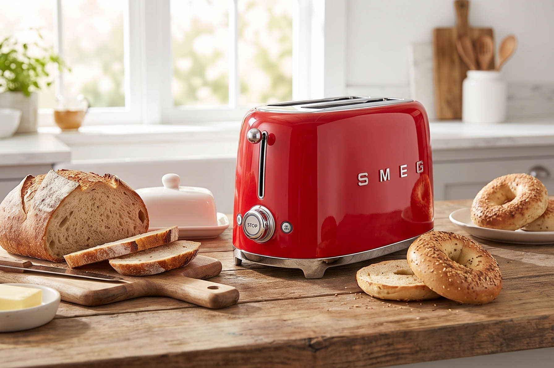 SMEG 4 Slice Toaster TSF02, Long Slot Toaster with Wide Slots for Bagels & Artisan Bread, Retro Stainless Steel, 6 Browning Levels, Defrost Reheat Bagel Functions, 1400W - (Red)