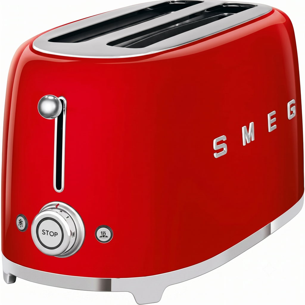 SMEG 4 Slice Toaster TSF02, Long Slot Toaster with Wide Slots for Bagels & Artisan Bread, Retro Stainless Steel, 6 Browning Levels, Defrost Reheat Bagel Functions, 1400W - (Red)