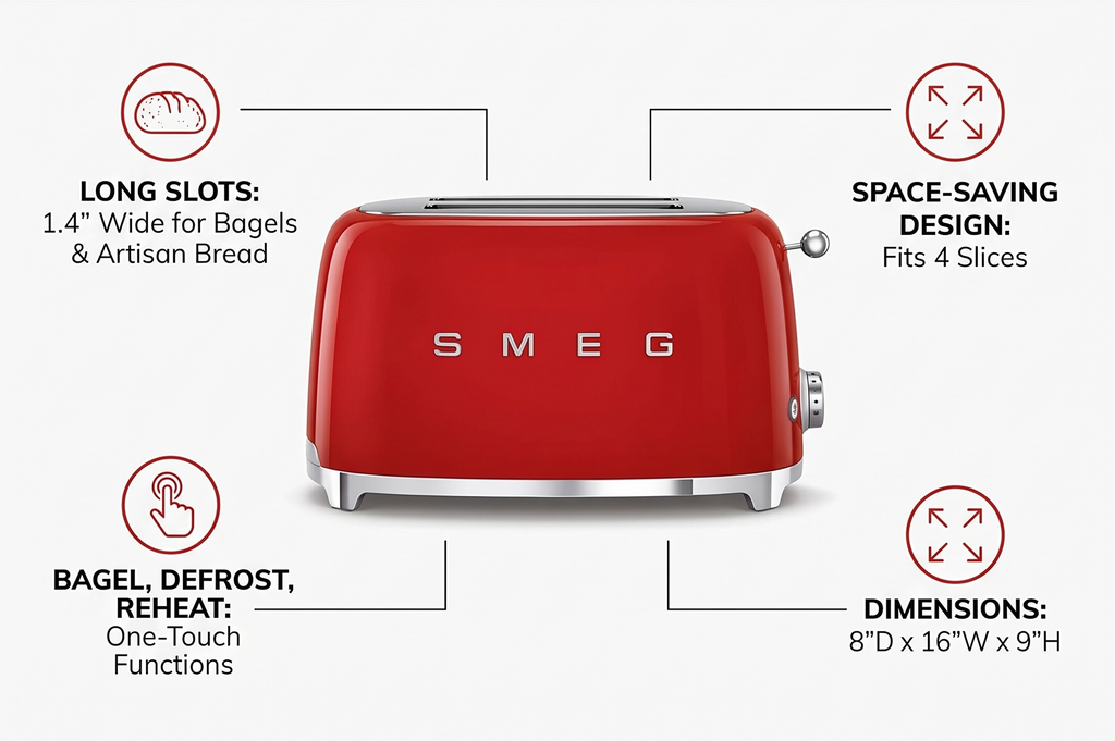 SMEG 4 Slice Toaster TSF02, Long Slot Toaster with Wide Slots for Bagels & Artisan Bread, Retro Stainless Steel, 6 Browning Levels, Defrost Reheat Bagel Functions, 1400W - (Red)