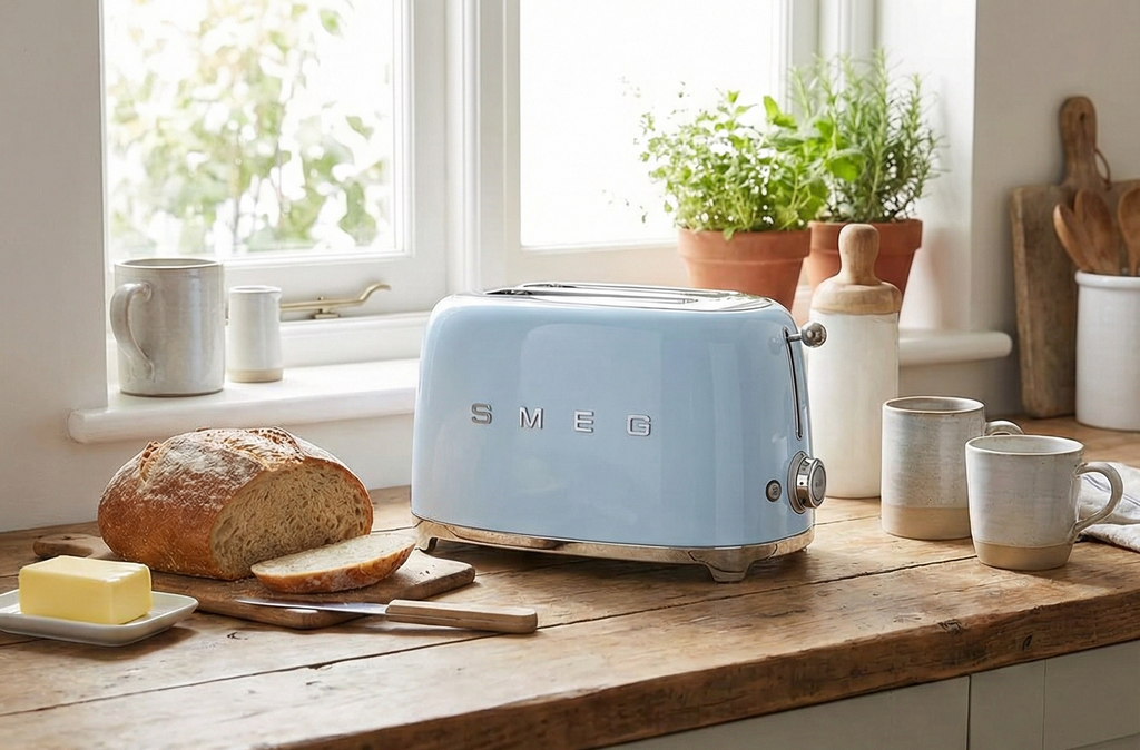 Smeg 50's Style Retro Aesthetic 4 Slice Toaster 6 Presets with 2 Extra Wide Slots, Pastel Blue