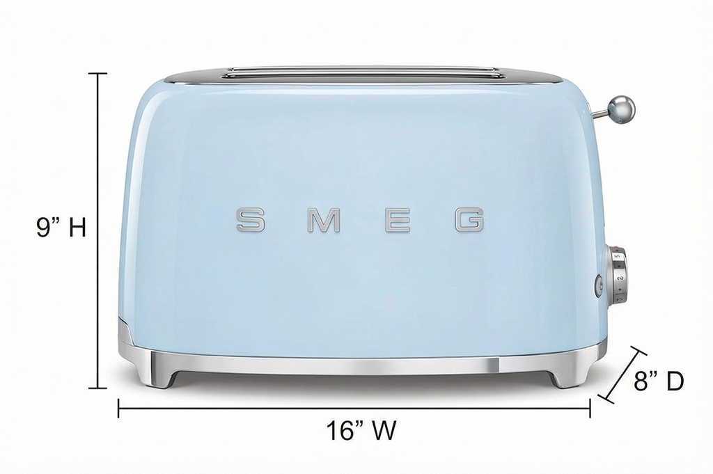 Smeg 50's Style Retro Aesthetic 4 Slice Toaster 6 Presets with 2 Extra Wide Slots, Pastel Blue