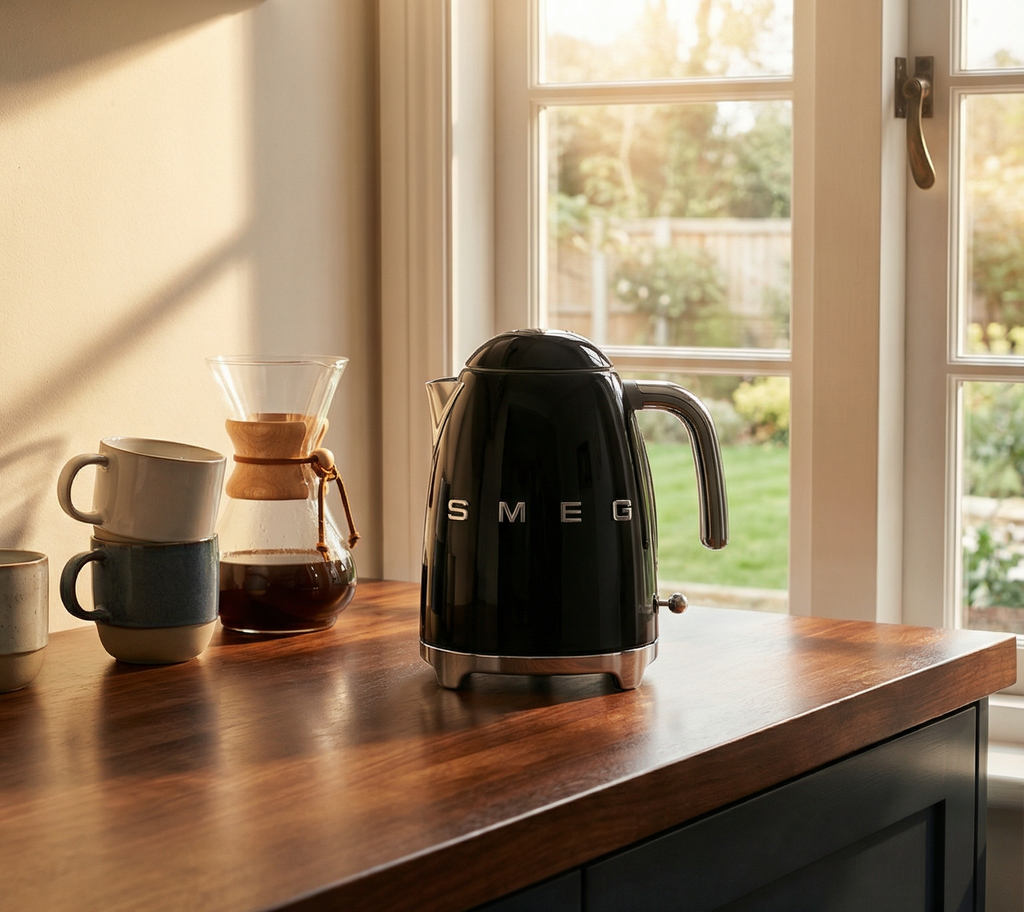 SMEG 50's Retro Style Electric Water Kettle with Automatic Shutoff, Removable Base, and Water Indicator, KLF03BLUS, Black