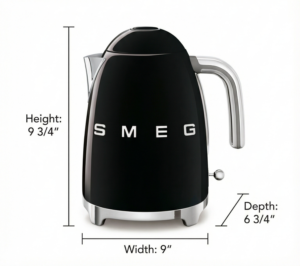 SMEG 50's Retro Style Electric Water Kettle with Automatic Shutoff, Removable Base, and Water Indicator, KLF03BLUS, Black