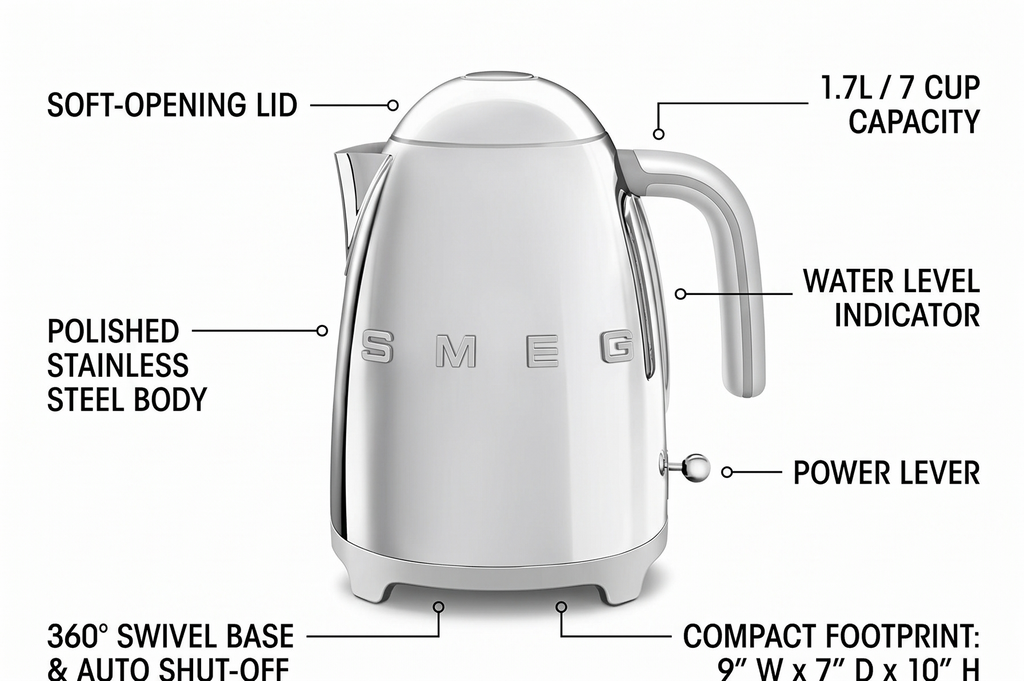 SMEG 50's Retro Style Electric Water Kettle with Automatic Shutoff, Removable Base, and Water Indicator, KLF03SSUS, Polished Stainless Steel
