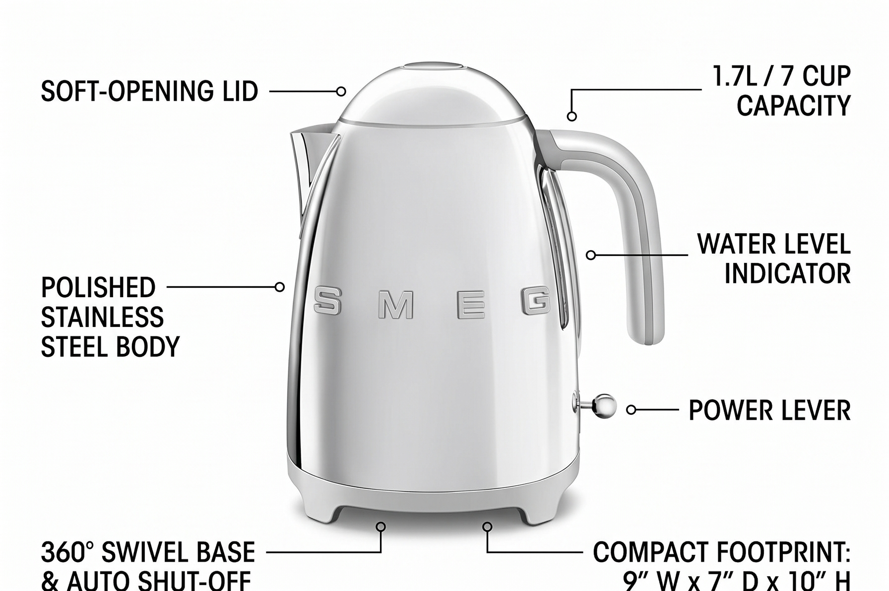 SMEG 50's Retro Style Electric Water Kettle with Automatic Shutoff, Removable Base, and Water Indicator, KLF03SSUS, Polished Stainless Steel