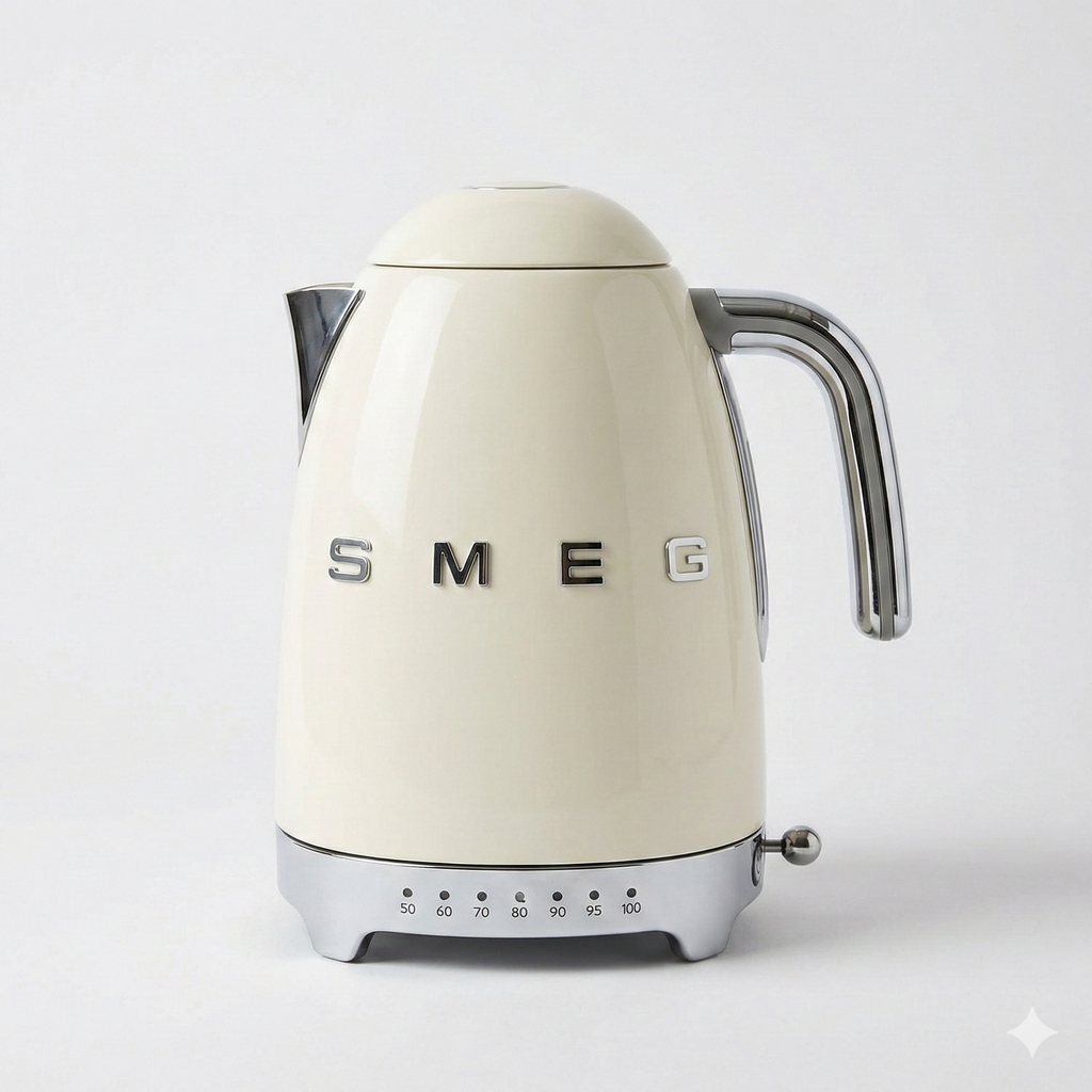 Smeg 50's Retro 7 Cup Stainless Steel Variable Temperature Electric Kettle with 7 Temperature Settings, Led Display, Swivel Base and Keep Warm Function Cream KLF04CRUS