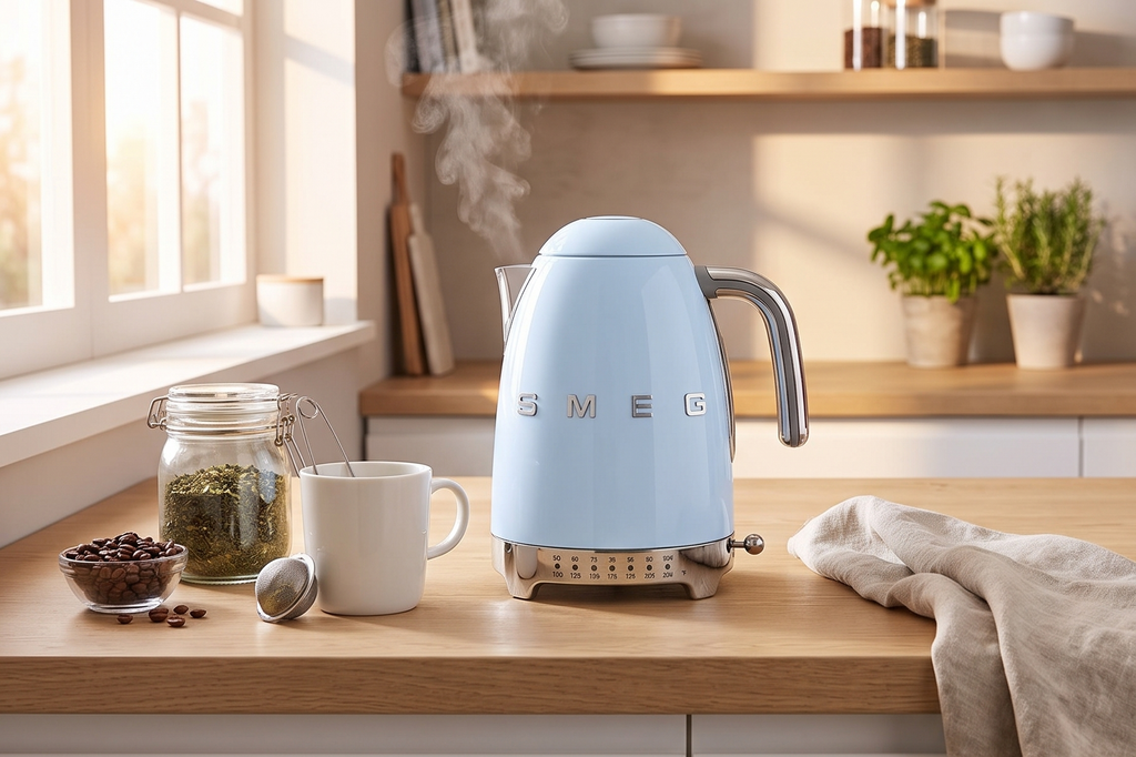 SMEG Variable Temperature Electric Kettle 1.7L (7 Cup), Stainless Steel Tea & Coffee Kettle, Fast Boil, Adjustable Temp 122°F–212°F, Keep Warm, Auto Shut-Off, 360° Base, Retro Style-Pastel Blue