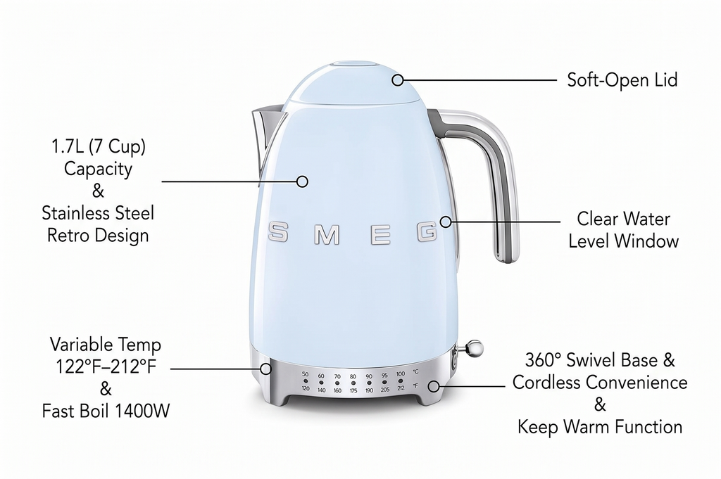 SMEG Variable Temperature Electric Kettle 1.7L (7 Cup), Stainless Steel Tea & Coffee Kettle, Fast Boil, Adjustable Temp 122°F–212°F, Keep Warm, Auto Shut-Off, 360° Base, Retro Style-Pastel Blue