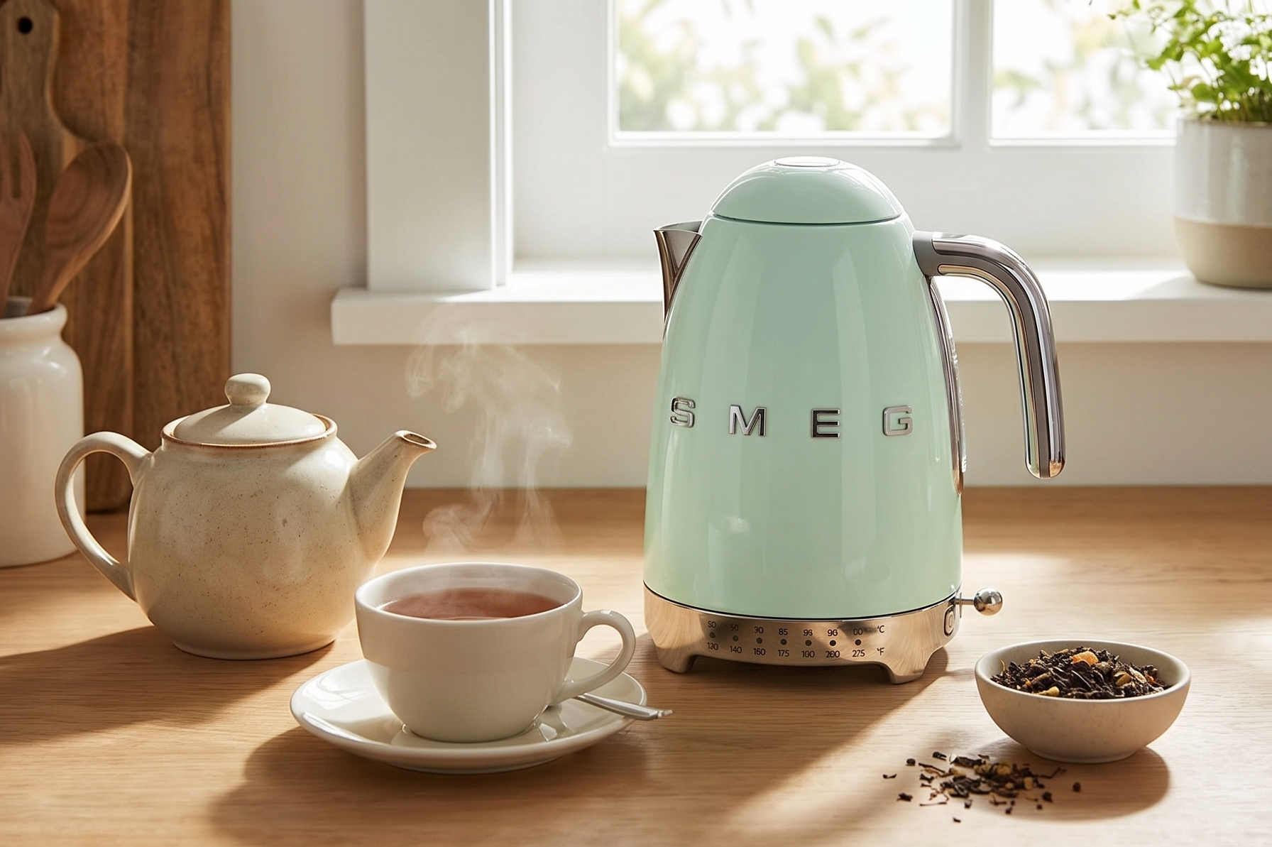SMEG 7-Cup Variable Temperature Electric Kettle - Retro Style Aesthetic with Advanced Technology - Stainless Steel, 1400W, 120V, 360° Swivel Base, Keep Warm Function (Pastel Green)
