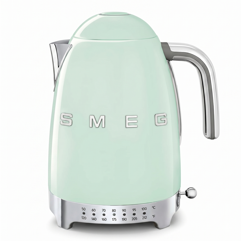 SMEG 7-Cup Variable Temperature Electric Kettle - Retro Style Aesthetic with Advanced Technology - Stainless Steel, 1400W, 120V, 360° Swivel Base, Keep Warm Function (Pastel Green)