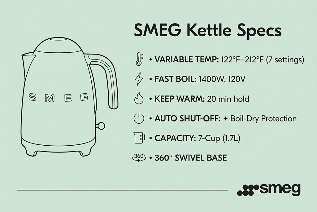SMEG 7-Cup Variable Temperature Electric Kettle - Retro Style Aesthetic with Advanced Technology - Stainless Steel, 1400W, 120V, 360° Swivel Base, Keep Warm Function (Pastel Green)