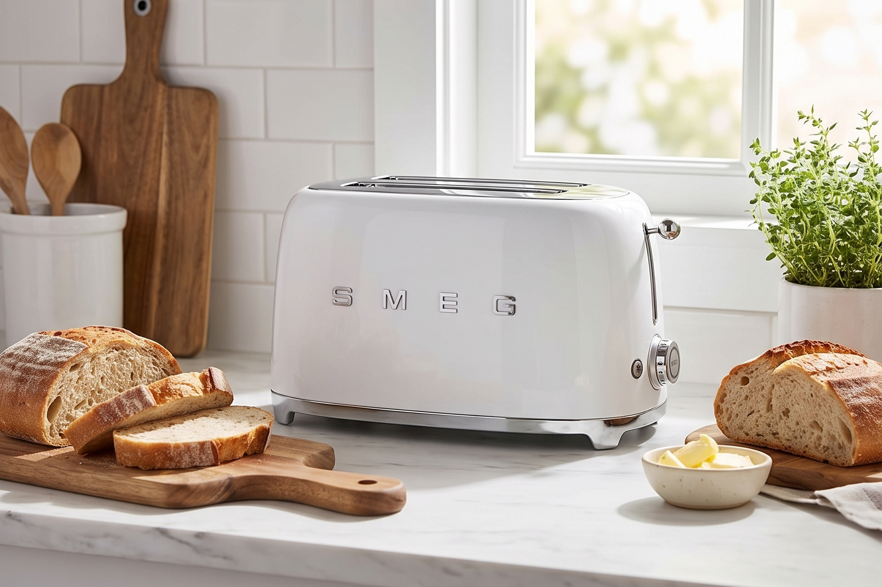 SMEG 4 Slice Toaster TSF02, Long Slot Toaster with Wide Slots for Bagels & Artisan Bread, Retro Stainless Steel, 6 Browning Levels, Defrost Reheat Bagel Functions, 1400W - (White)