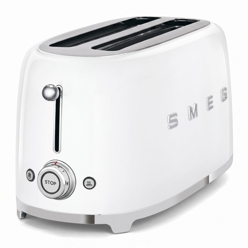 SMEG 4 Slice Toaster TSF02, Long Slot Toaster with Wide Slots for Bagels & Artisan Bread, Retro Stainless Steel, 6 Browning Levels, Defrost Reheat Bagel Functions, 1400W - (White)