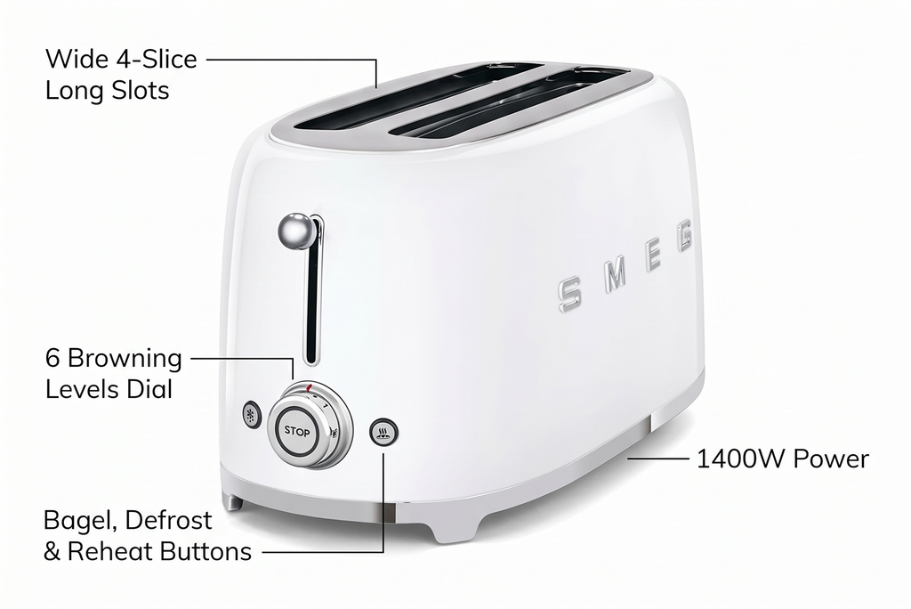SMEG 4 Slice Toaster TSF02, Long Slot Toaster with Wide Slots for Bagels & Artisan Bread, Retro Stainless Steel, 6 Browning Levels, Defrost Reheat Bagel Functions, 1400W - (White)