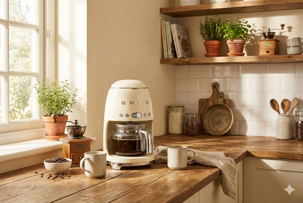 Smeg 50's Retro Style Aesthetic Drip Coffee Machine with 10 Cup Glass Carafe, Auto Start Feature, Keep Warm Plate, and Two Coffee Strength Settings (Cream)