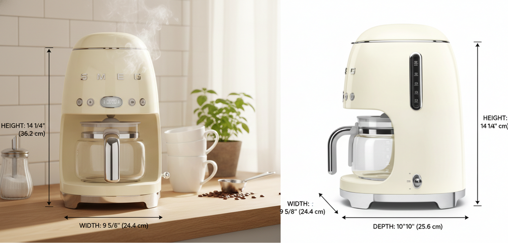 Smeg 50's Retro Style Aesthetic Drip Coffee Machine with 10 Cup Glass Carafe, Auto Start Feature, Keep Warm Plate, and Two Coffee Strength Settings (Cream)