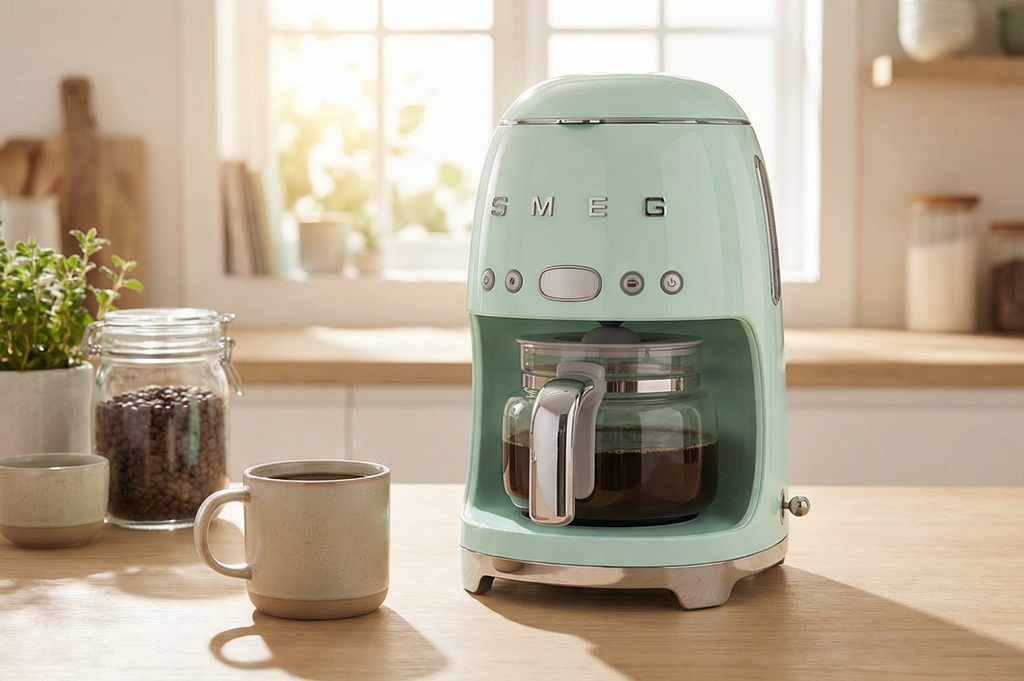 Smeg 50's Retro Style Aesthetic Drip Coffee Machine with 10 Cup Glass Carafe, Auto Start Feature, Keep Warm Plate, and Two Coffee Strength Settings (Pastel Green)