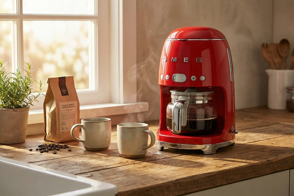 Smeg 50's Retro Style Aesthetic Drip Coffee Machine with 10 Cup Glass Carafe, Auto Start Feature, Keep Warm Plate, and Two Coffee Strength Settings (Red)