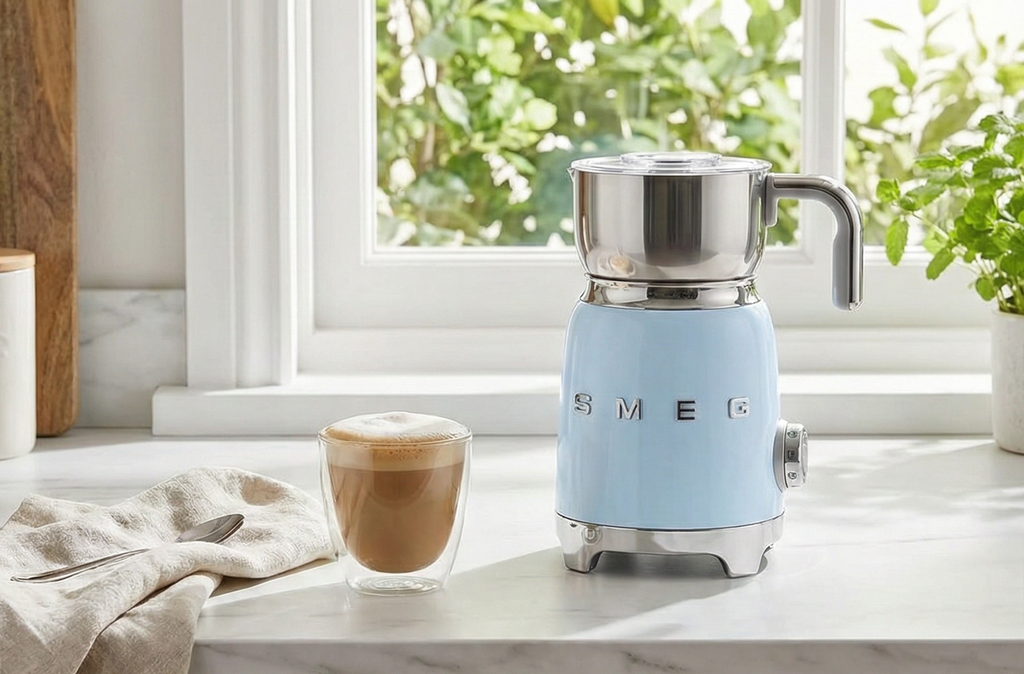 SMEG Retro 50's Style Milk Frother with 2 Disks 6 Preset Programs Hot or Cold Frothing and Induction Heating (Pastel Blue)