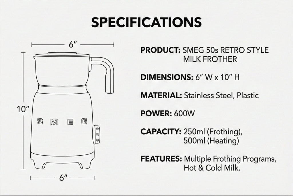 SMEG Retro 50's Style Milk Frother with 2 Disks 6 Preset Programs Hot or Cold Frothing and Induction Heating (Pastel Blue)