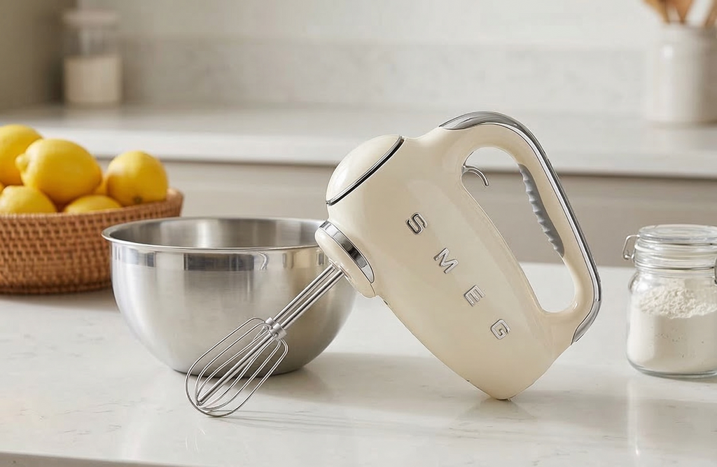 SMEG HMF01 9-Speed Retro Hand Mixer – 220W Motor, Smooth Start, Turbo Function, LED Timer Display, Stainless Steel Whisks, Beaters & Dough Hooks, Premium Die-Cast Aluminum Body