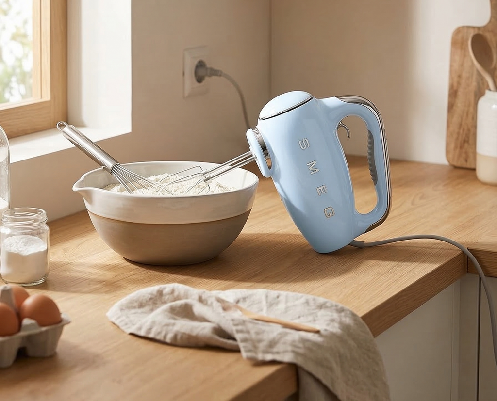 SMEG Pastel Blue 50's Retro Style Electric Hand Mixer with Set of Beaters, Set of Dough Hooks and Set of Whisks