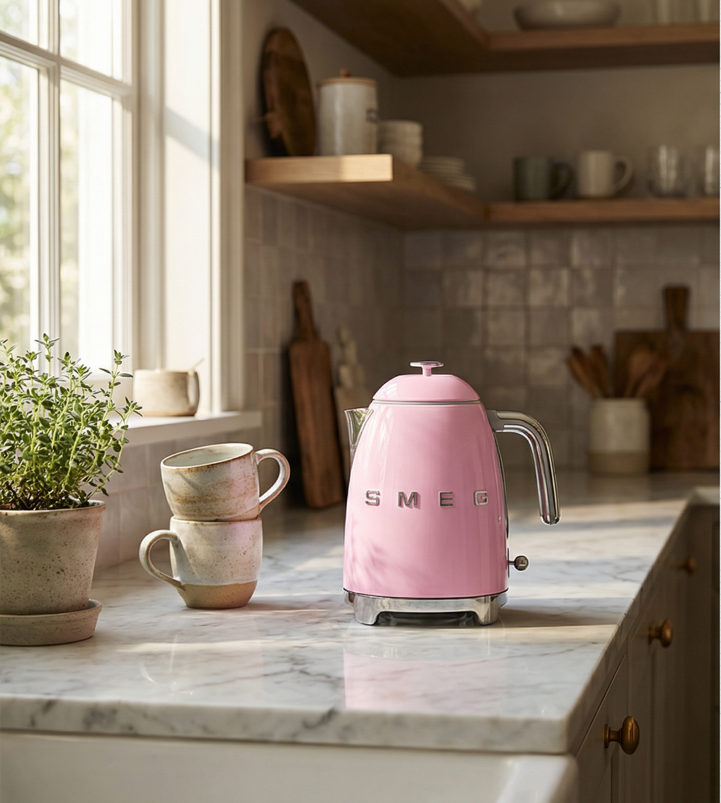 SMEG Mini 50's Retro Style 3 Cup Electric Kettle with Double Wall Anti Slip Base and Water Level Indicator (Pink)