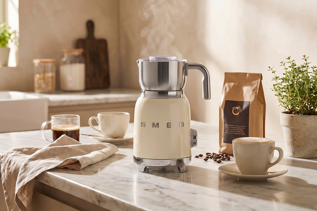 SMEG Retro 50's Style Milk Frother with 2 Disks 6 Preset Programs Hot or Cold Frothing and Induction Heating (Cream)