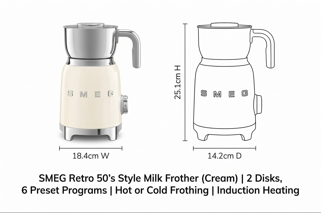 SMEG Retro 50's Style Milk Frother with 2 Disks 6 Preset Programs Hot or Cold Frothing and Induction Heating (Cream)