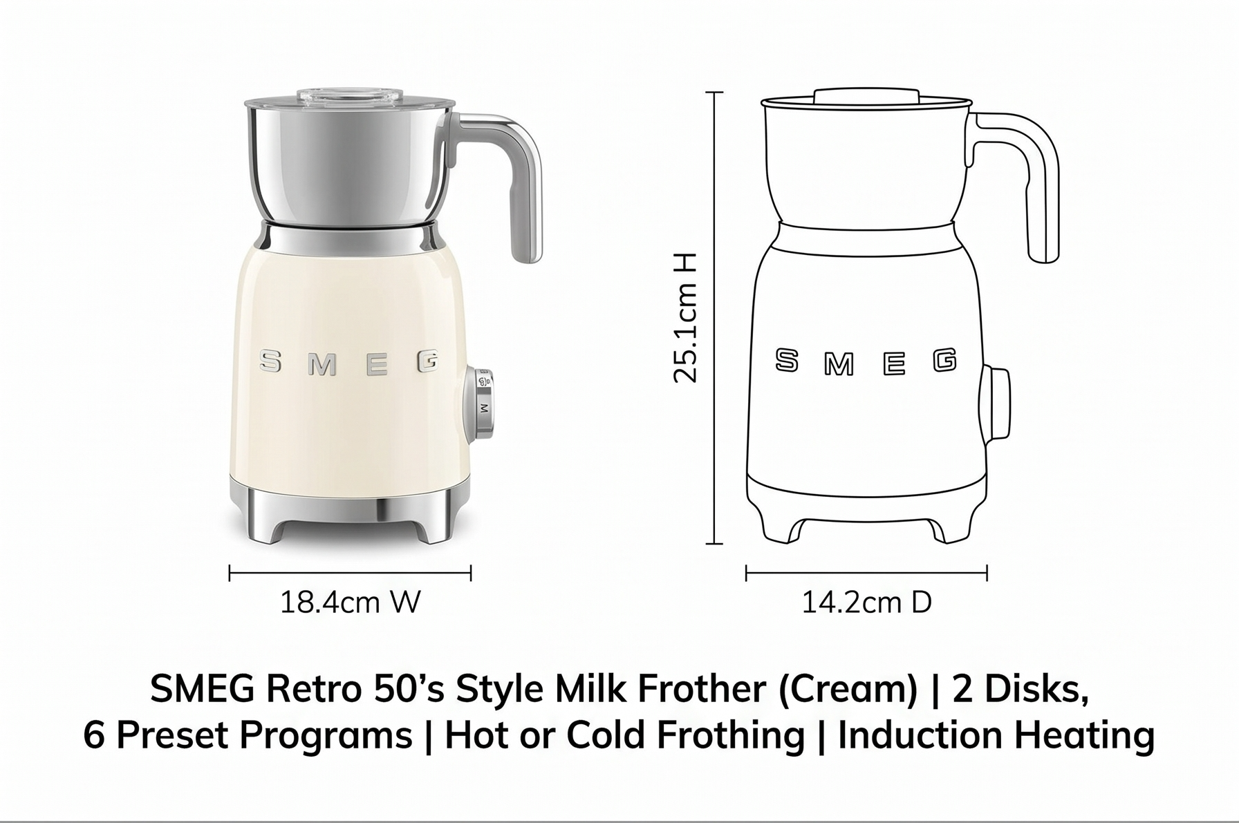 SMEG Retro 50's Style Milk Frother with 2 Disks 6 Preset Programs Hot or Cold Frothing and Induction Heating (Cream)