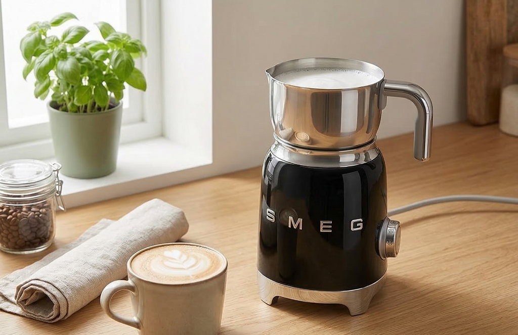 SMEG Retro 50's Style Milk Frother with 2 Disks 6 Preset Programs Hot or Cold Frothing and Induction Heating (Black)