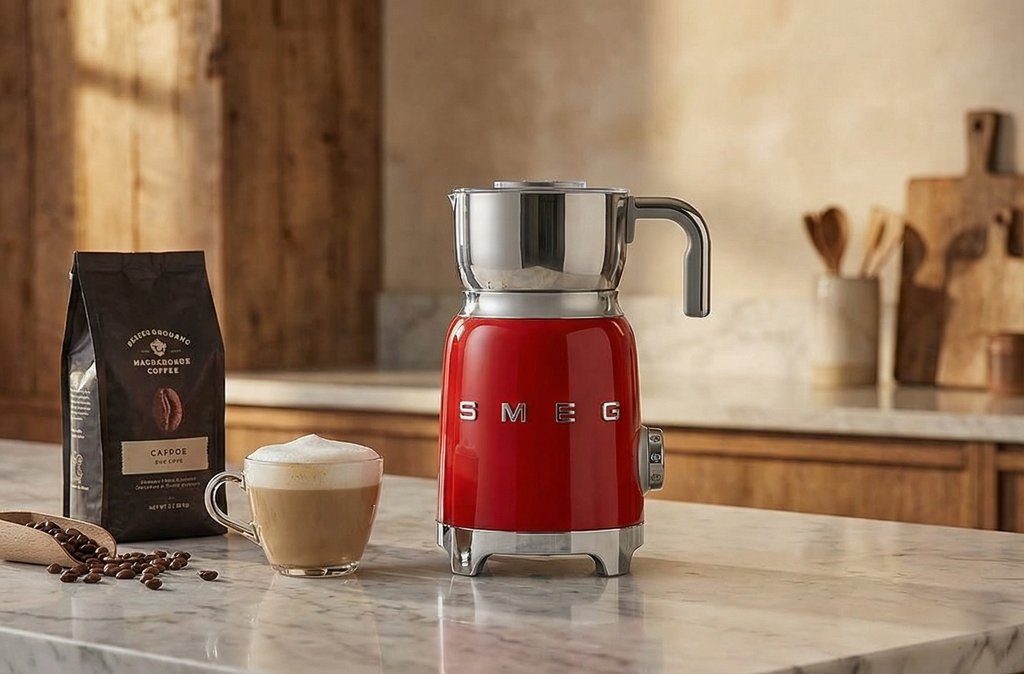 SMEG Retro 50's Style Milk Frother with 2 Disks 6 Preset Programs Hot or Cold Frothing and Induction Heating (Red)