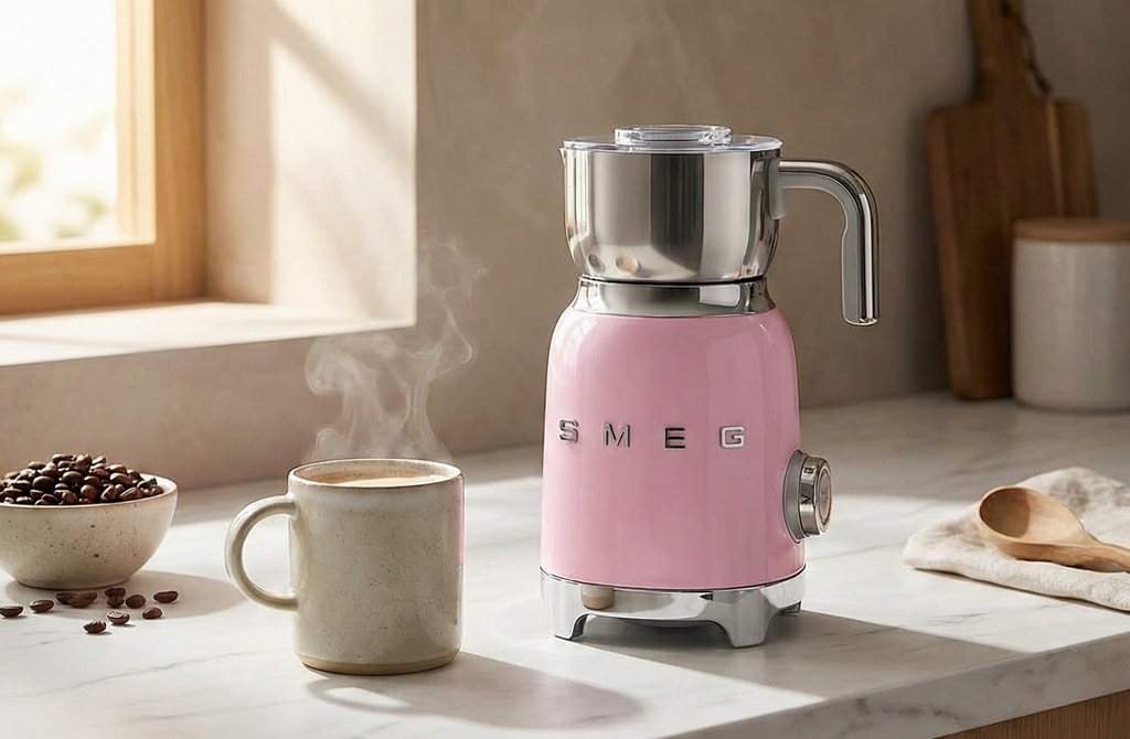 SMEG Retro 50's Style Milk Frother with 2 Disks 6 Preset Programs Hot or Cold Frothing and Induction Heating (Pink)