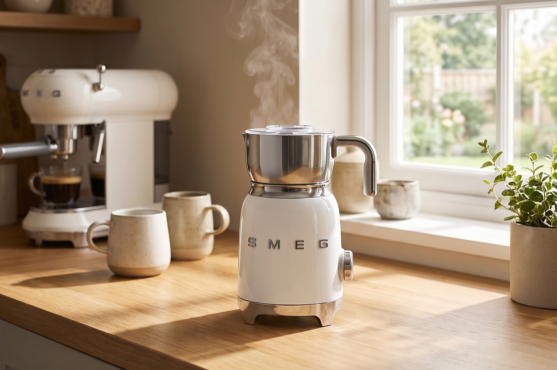SMEG Retro 50's Style Milk Frother with 2 Disks 6 Preset Programs Hot or Cold Frothing and Induction Heating (White)