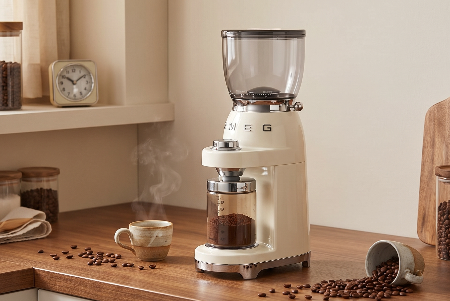 SMEG CGF11 Retro-Style Coffee Grinder – Burr Mill with 30 Grind Settings, Stainless Steel Conical Burrs, Removable Hopper – Precision Countertop Grinder for Espresso, Drip, French Press-Cream