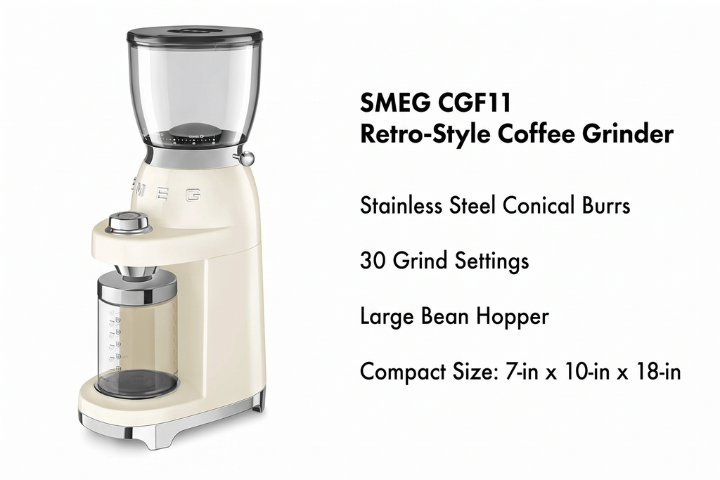 SMEG CGF11 Retro-Style Coffee Grinder – Burr Mill with 30 Grind Settings, Stainless Steel Conical Burrs, Removable Hopper – Precision Countertop Grinder for Espresso, Drip, French Press-Cream