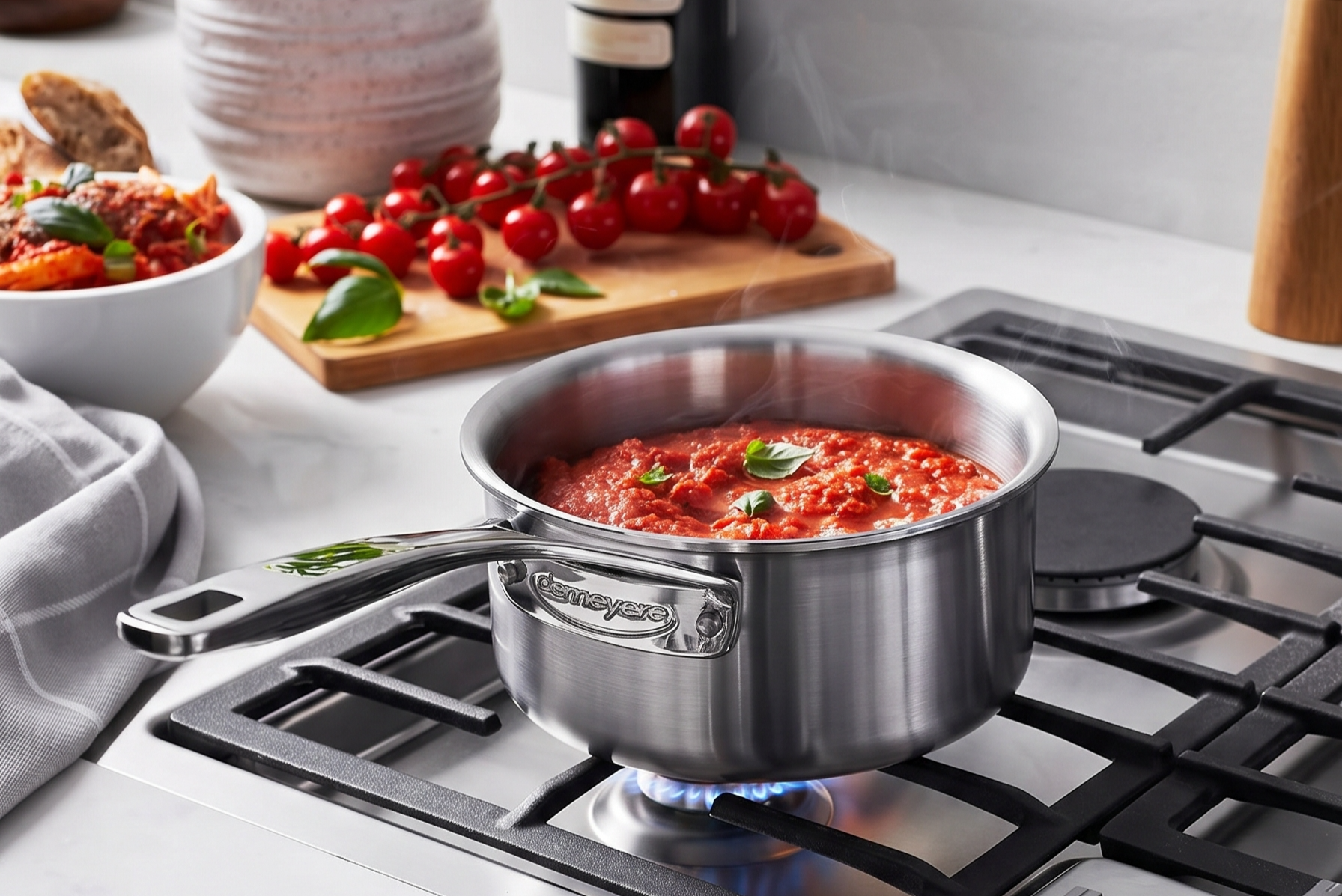 Demeyere Essential 5-ply, 18/10 Stainless Steel, Stay Cool Handle, Oven Safe, Compatible with all Cooktops, Perfect Pour Edge, 1.5-qt Saucepan with Perfect Fit Lid