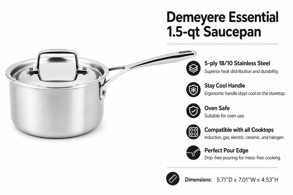Demeyere Essential 5-ply, 18/10 Stainless Steel, Stay Cool Handle, Oven Safe, Compatible with all Cooktops, Perfect Pour Edge, 1.5-qt Saucepan with Perfect Fit Lid