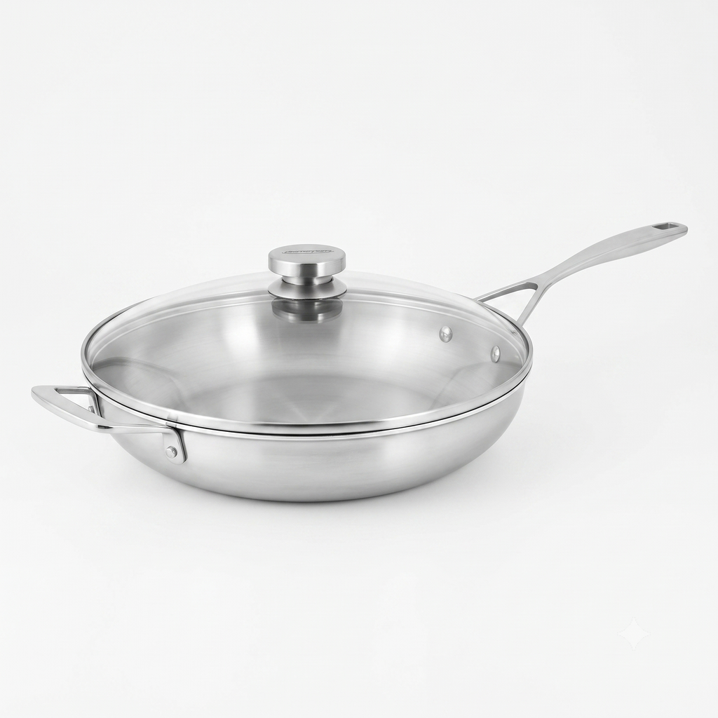 Demeyere Essential 5-ply, 18/10 Stainless Steel, Stay Cool Handle, Oven Safe, Compatible with all Cooktops, Perfect Pour Edge, 12.5-inch with Perfect Fit Lid